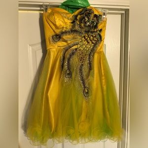 Short Yellow Strapless Peacock Dress